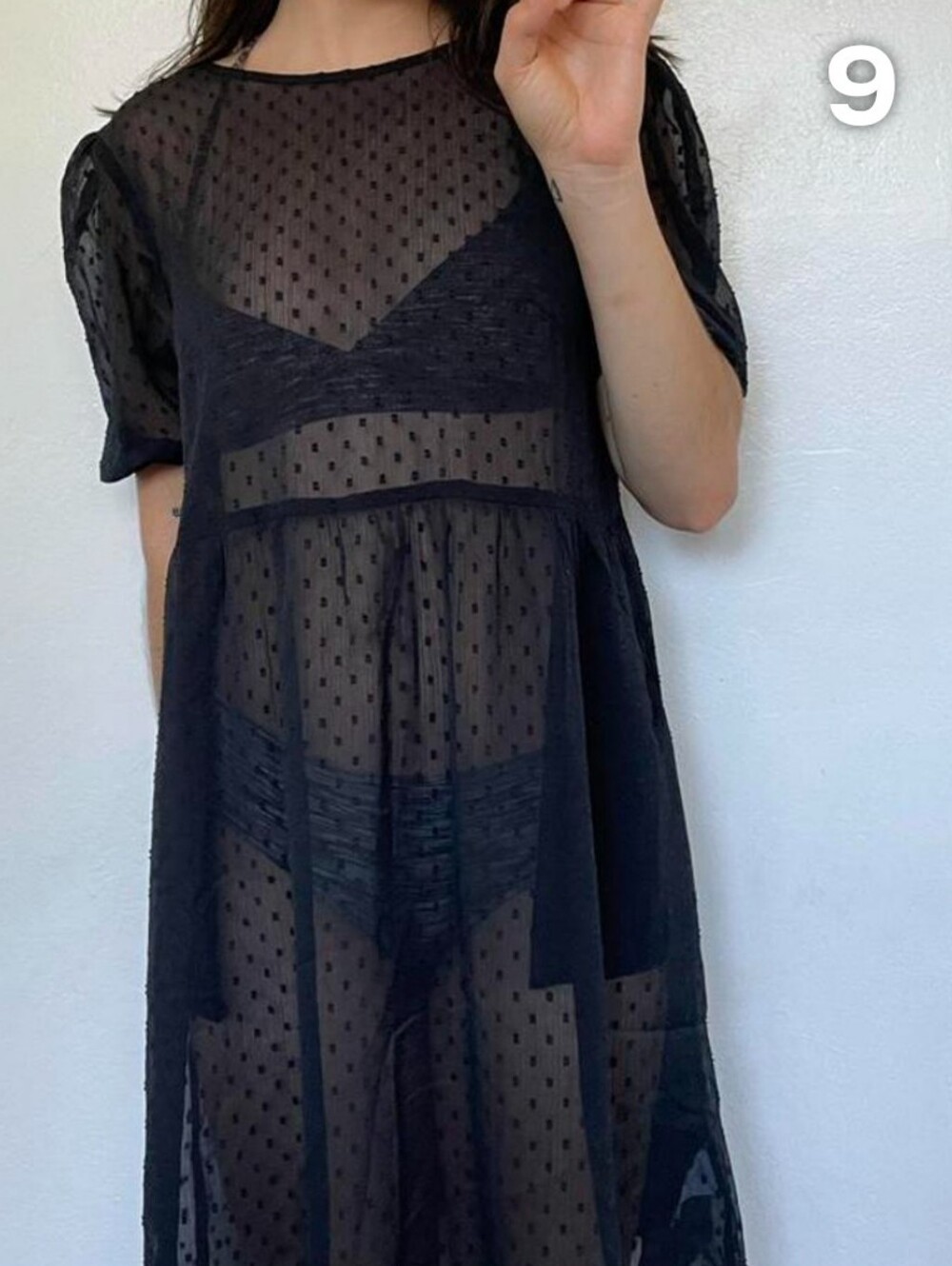 American Eagle Black Sheer Swiss Dot Babydoll Mini Dress/Cover Up - L